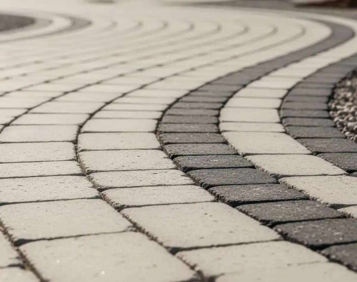 Curved paver pathway sweeping through a planted yard