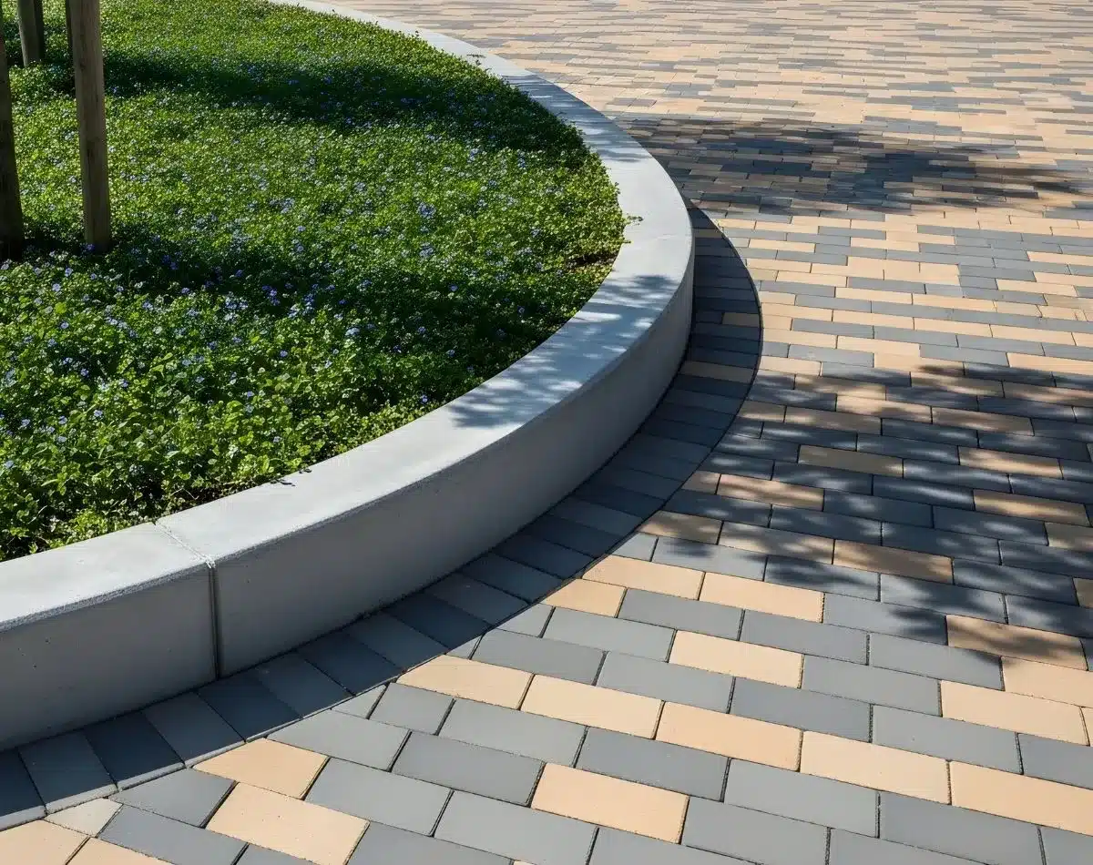 Interlock walkway under construction on a prepared base