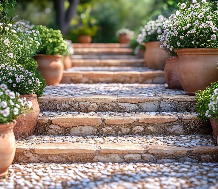 Natural stone steps with a consistent rise and run