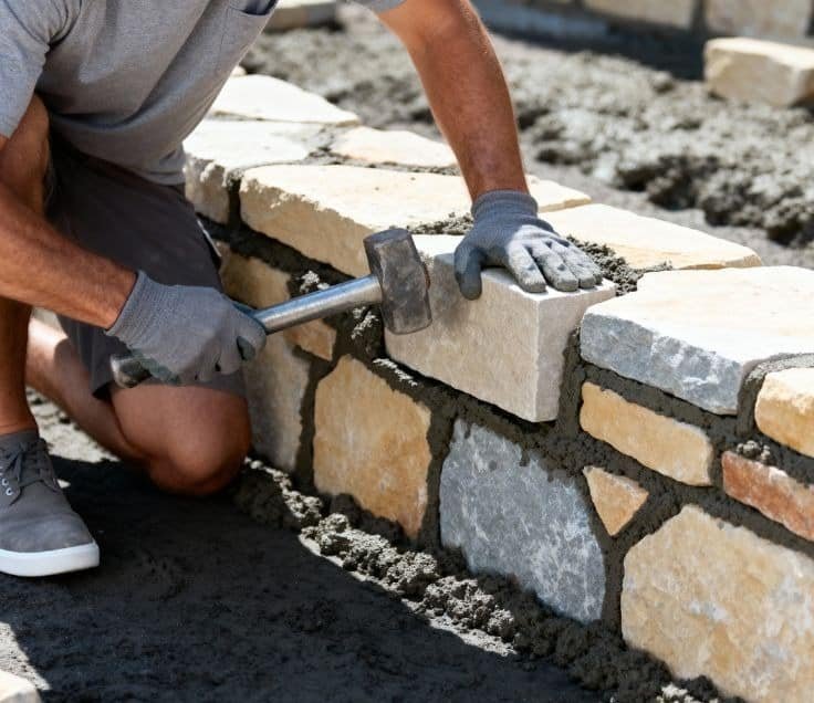 A worker is building a stone wall with a hammer and natural stone blocks for homeowner in kitchener ontario.