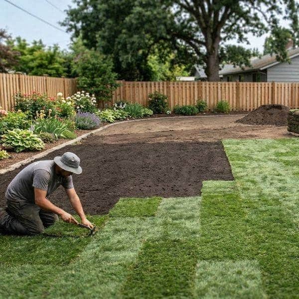 Backyard patio and new sod in Laurelwood, Waterloo